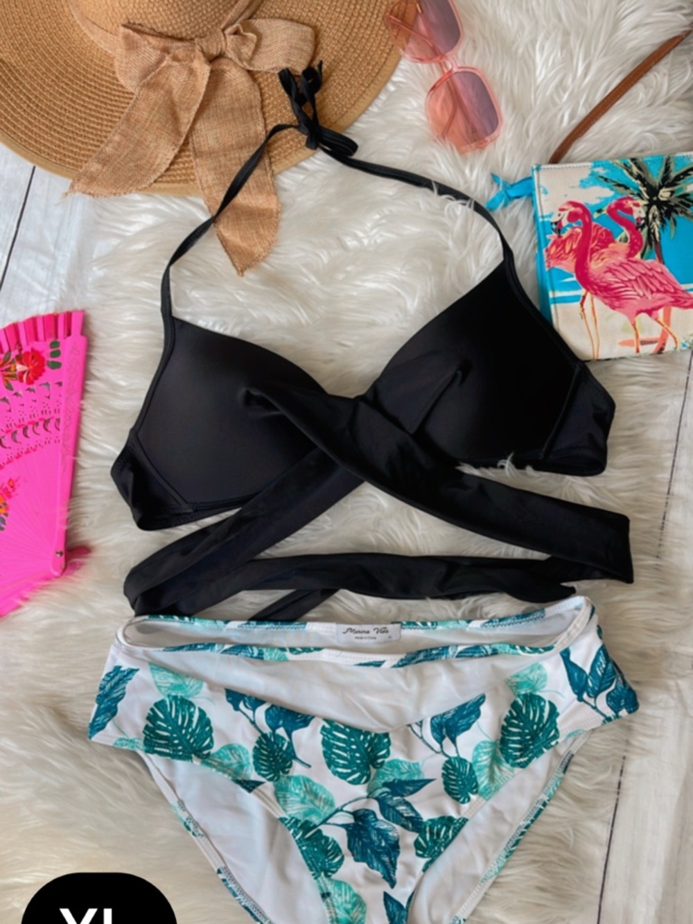 Black Wrap Bikini Top with Tropical Leaf Print Bottoms